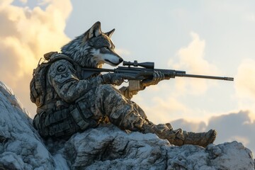 Wolves soldier.Military wolves.Army wolves.A heroic wolf soldier, a large gray wolf wearing combat fatigues, standing confidently on a rocky outcrop, with a sniper rifle resting at its side