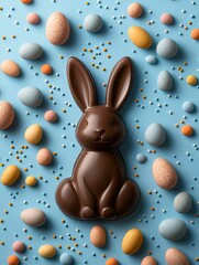 Minimalist Chocolate Bunny with Colorful Easter Eggs Against a Soft Blue Background