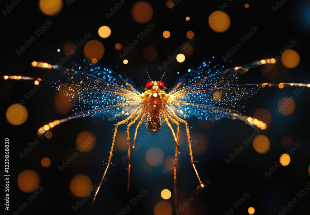 Poster Sparkling Insect with Detailed Wings Surrounded by Soft Bokeh Lights in a Mystical Setting