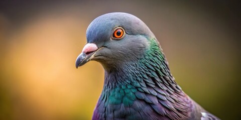 Obraz premium A pigeon gazes curiously at the camera with its beak tilted slightly upwards, revealing a hint of a smile, its feathers ruffled by a gentle breeze , pigeon, curious