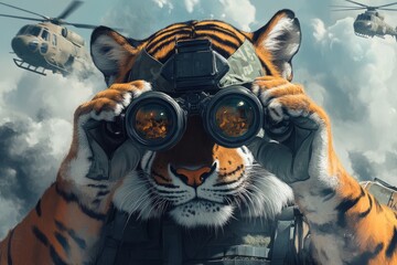 A close-up of a tiger soldier, a powerful tiger wearing a tactical helmet and vest, peering through binoculars from a hidden position.Army tigers.Tigers soldier.Military tigers.