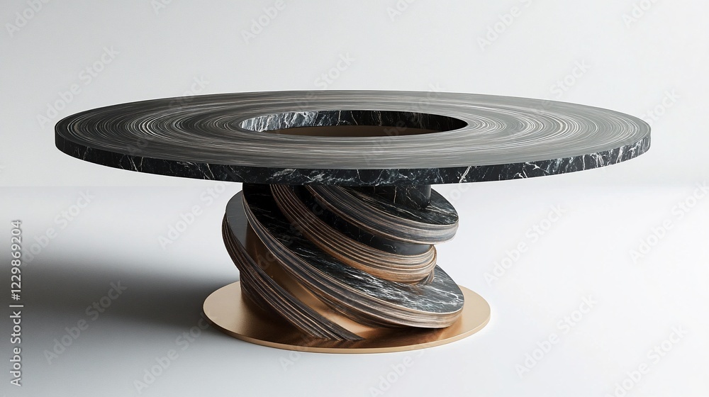Poster a unique round table with a black and white marble top and a twisted base on a white background