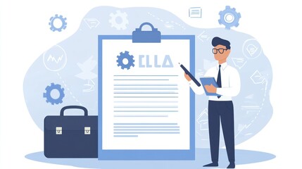 Businessman presenting a project plan on a clipboard.