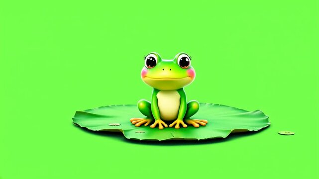 Cute cartoon frog on lily pad, green background, digital art, mascot