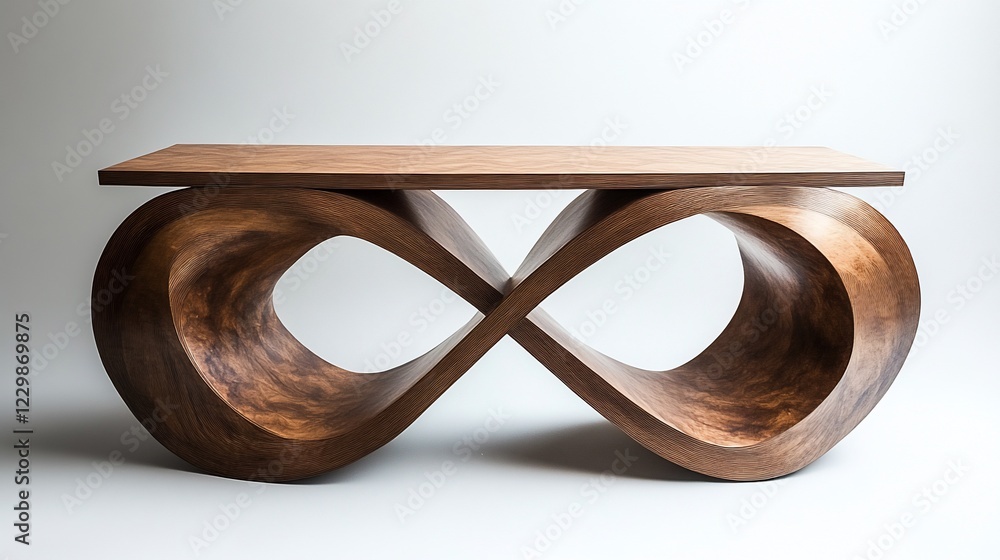 Poster elegant wooden table with a unique infinity-shaped base stands on a white background showing an intr