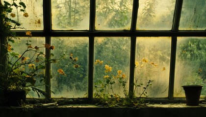 Overgrown plants in a weathered windowpane