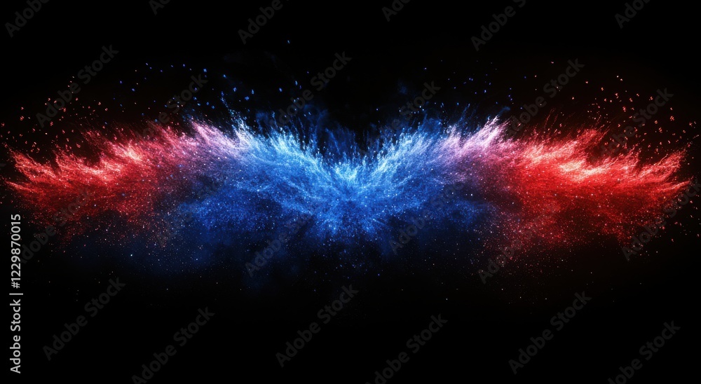 Poster Spectacular Colorful Abstract Background with Vibrant Red and Blue Powder Splashes Creating Dynamic and Energetic Visual Effects in a Dark Space