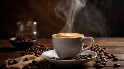 Fototapeta premium White cup of freshly brewed coffee with a cloud of steam and coffee grains on a dark rustic background. Beautiful drinks beverages photography illustration concept. 