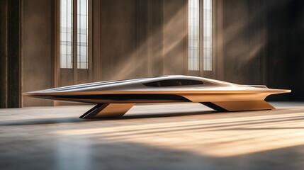 Futuristic silver and wooden vehicle inside a room with big windows and sun rays
