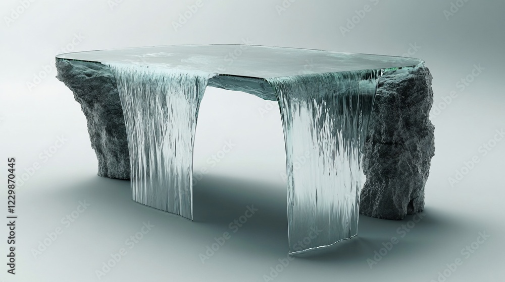 Poster unique table design with water flowing over the edges into a waterfall effect on light background