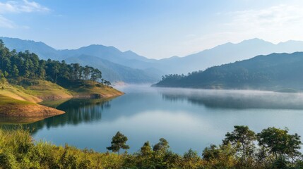 Obraz premium Serene Mountain Lake at Sunrise Misty Morning Landscape
