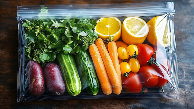Fresh vegetables and citrus fruits in ziplock bags for healthy meal prep. created with Generative AI technology