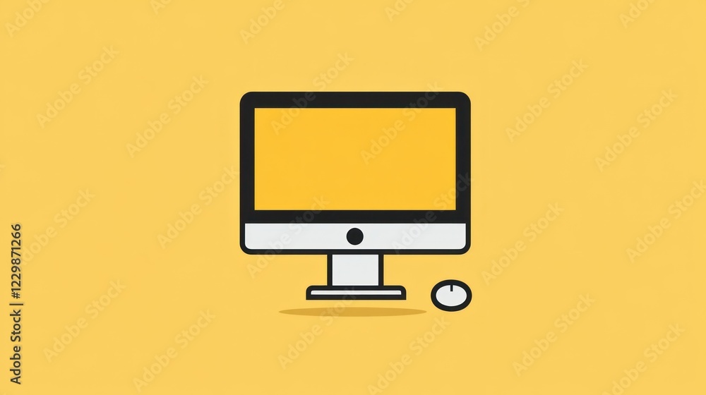 Poster simple illustration of a desktop computer and mouse on a yellow background.