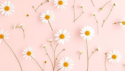 Obraz premium Daisies and small wildflowers arranged on a pink background