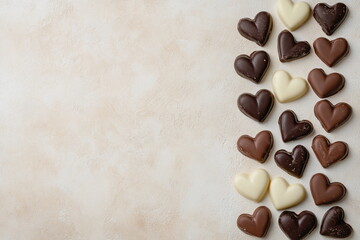Fototapeta premium Flat lay of chocolate heart candies on a soft, light background. A sweet and romantic setting with room for text or branding.