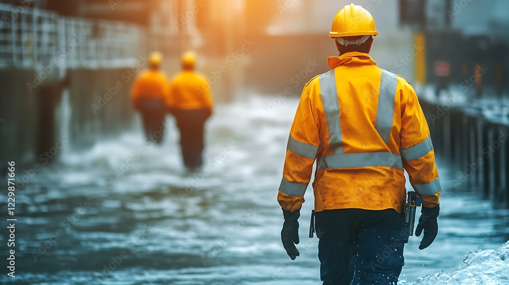 Poster a hydro power plant and engineers in action. panoramic picture with a blurred background showing the