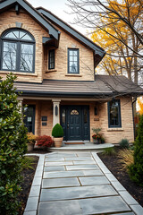 Obraz premium Brick House Exterior with Stone Walkway and Landscaping. Beautiful Autumn colors and stunning architecture. Perfect family home with a welcoming entrance.