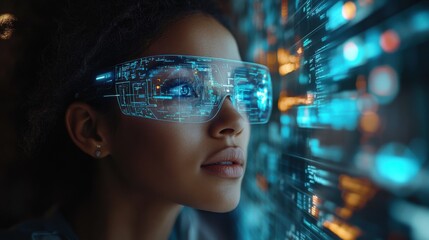 A young woman wearing augmented reality glasses stares intently at a digital display.