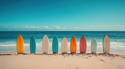 Surfboards lined up on a serene beach with a calm ocean and clear blue sky
