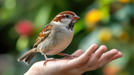 A small brown sparrow perched on a person's hand outdoors.