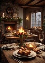 Holiday dinner table with a festive centerpiece and crackling fireplace , warm glow, fireplace