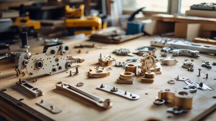 Assorted Metal Parts on a Workbench