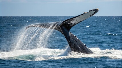 Fototapeta premium Humpback whale tail fluke peduncle throw, humpback whale, tail fluke, animal movement, ocean creature, aquatic life