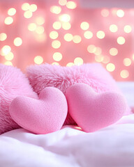 Obraz premium Two pink heart-shaped cushions are nestled together on a soft surface, with a dreamy bokeh background of soft lights.