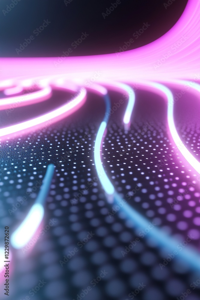 Poster a vibrant grid of neon lines in cyan and magenta flows outward from a central vanishing point, creat