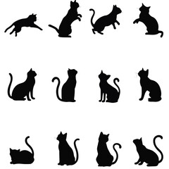 Elegant Black Cat Silhouette Vector Set Illustration
