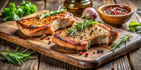 Pan-seared pork chops on a wooden cutting board with herbs and spices