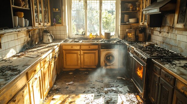 A once lively kitchen now lies in ruin, covered in soot and ash. Charred cabinets and a smoky atmosphere tell the story of a destructive fire that impacted this cherished gathering space