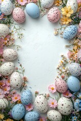 Obraz premium Minimalist Easter Design with Colorful Eggs and Delicate Flowers on Light Background