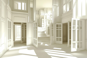 Obraz premium Unique house structure featuring numerous doors leading into an unseen void in a highly detailed setting