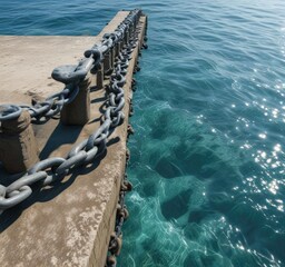 Obraz premium Iron chain links stretching from a weathered cement pier into the serene blue water of the ocean , architectural details, coastal