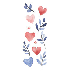 A delightful watercolor illustration featuring hearts and leaves in soft colors, perfect for romantic or decorative themes.