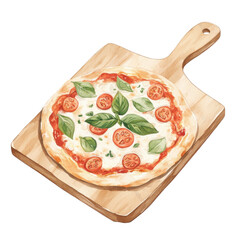 A freshly baked pizza on a wooden paddle, topped with tomatoes and basil, perfect for culinary illustrations or menu designs.