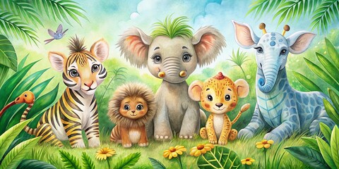 Adorable Watercolor Baby Safari Animals on Lush Green Grass and Tropical Leaves