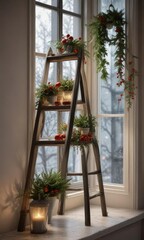 Ladder against a large windowsill with Christmas decorations and plants, evergreen, greenery