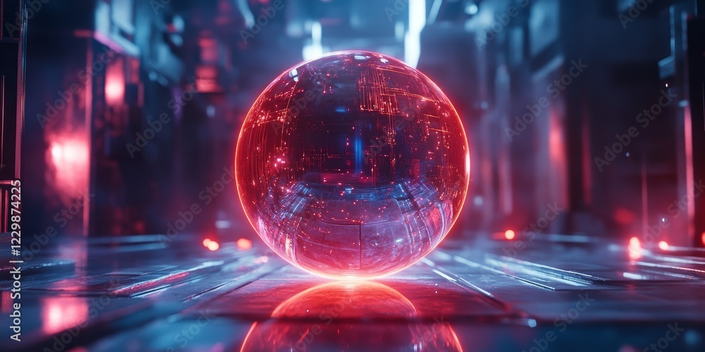 Poster a glowing red sphere is floating in a dark room. the sphere is surrounded by a blue and red glow, gi