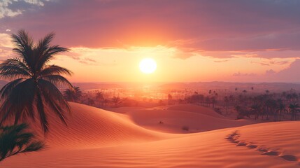 Desert Landscape Sunset with Sand Dunes Bathed in Rich Golden Tones as the Sun Sets Behind Them