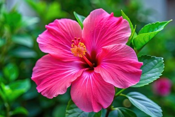 Fototapeta premium Large hibiscus flower blooms in bright pink color with prominent center and delicate petals surrounding it, bloom flower, flowers, floral, tropical