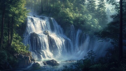 Serene Waterfall in Lush Forest, Misty Background, Nature Scene