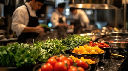 A Row of Fresh Vegetables in a Restaurant Kitchen