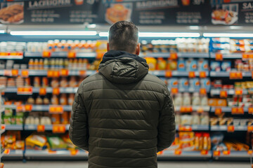 Person buying food in a supermarket aisle grocery department created with generative AI
