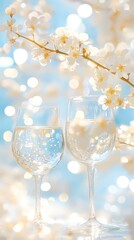 Two wine glasses with delicate cherry blossoms in a serene, bokeh-lit spring setting.