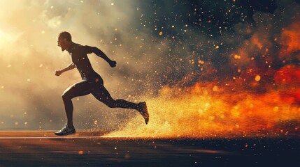 Sprinter breaking through the finish line tape, explosive energy, triumph concept.