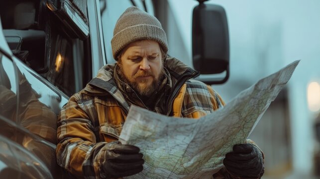 Truck driver leaning against a vehicle, looking at a map, modern logistics campaign shot.