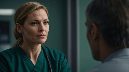 Fototapeta premium Healthcare professional engages in serious conversation with a patient in a modern medical facility focusing on health and wellness
