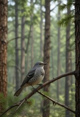 Obraz premium Loblolly pine forest with northern mockingbird perched on a branch, wildlife photography, avian biodiversity